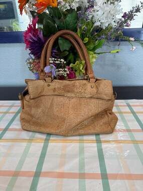 American Leather Co. Tan Floral Tooled Leather Satchel Handbag. Casual - Western